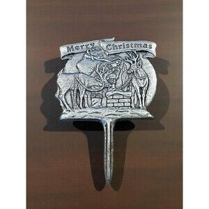 Vtg Christmas Pewter Yard Stake Merry Christmas Santa Sign Carson Pewter 1994